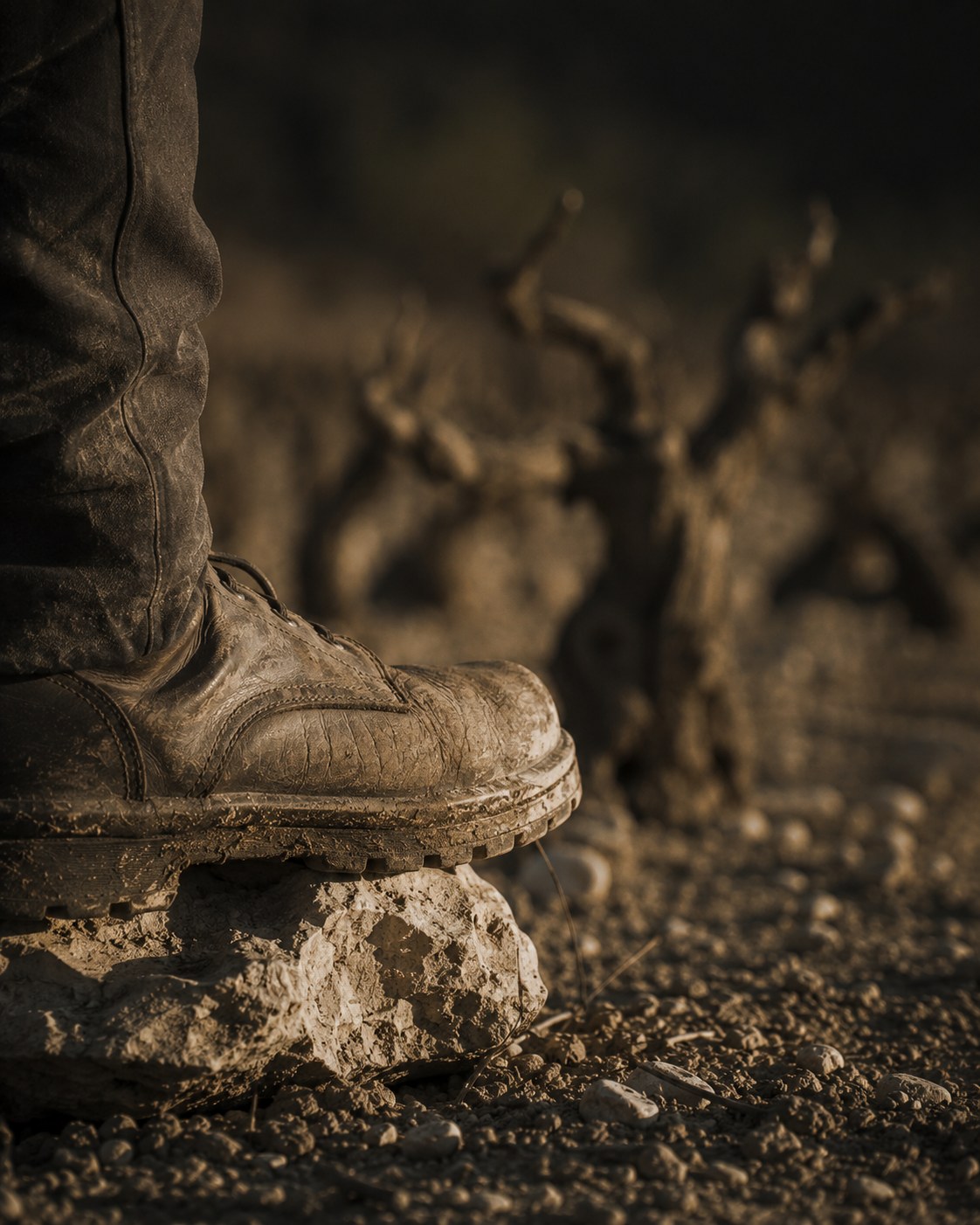 A boot on limestone before dawn